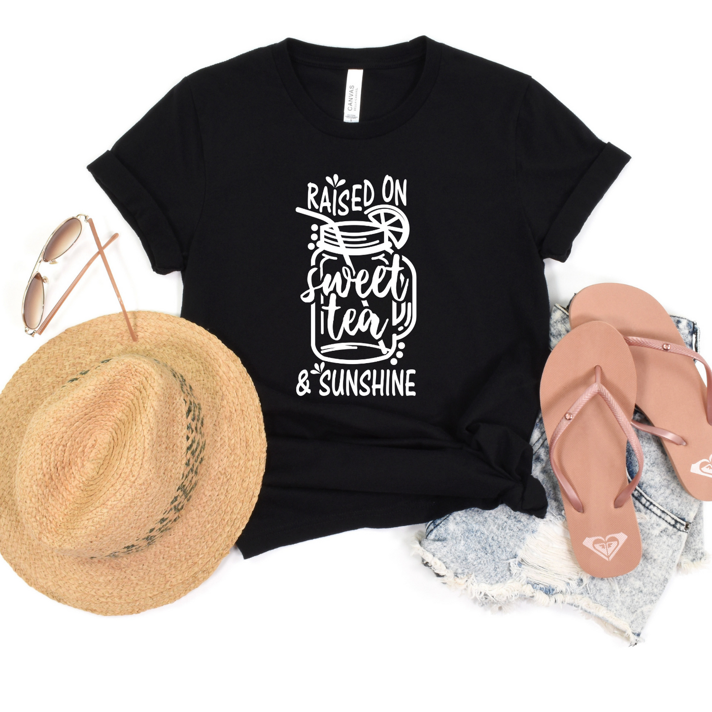 Raised on Sweet Tea and Sunshine Black Short-Sleeve Cotton T-Shirt