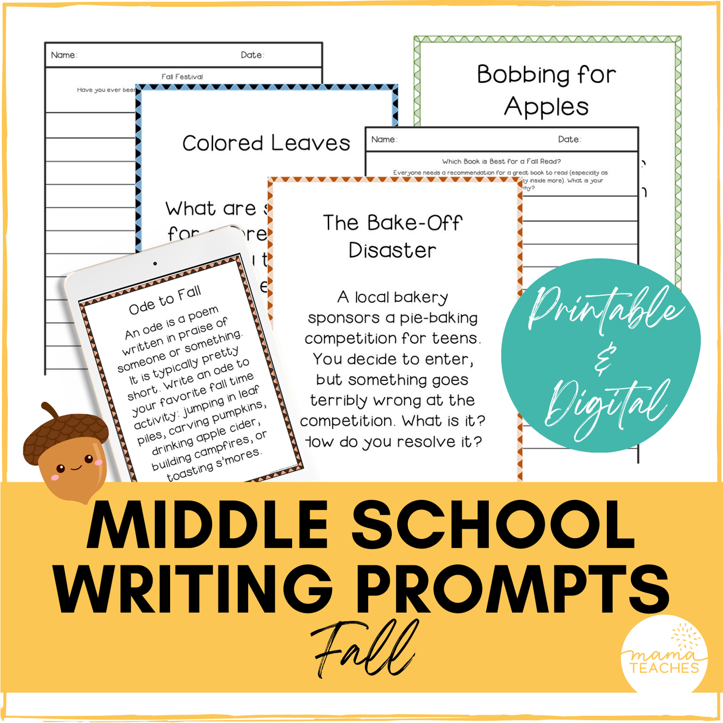 Middle School Writing Prompts - FALL - Digital and Printable