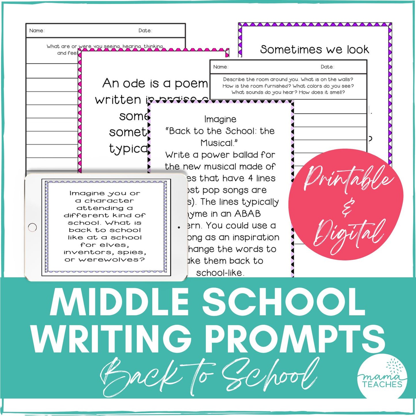 Middle School Writing Prompts - Back to School - Digital and Printable