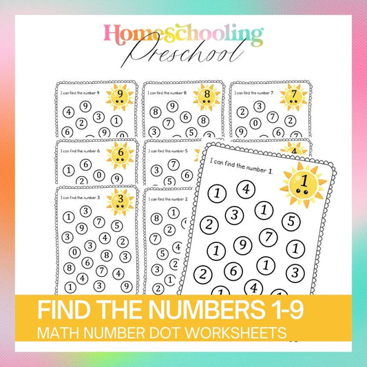 Find the Number (1-9) - Sun Dot Worksheets