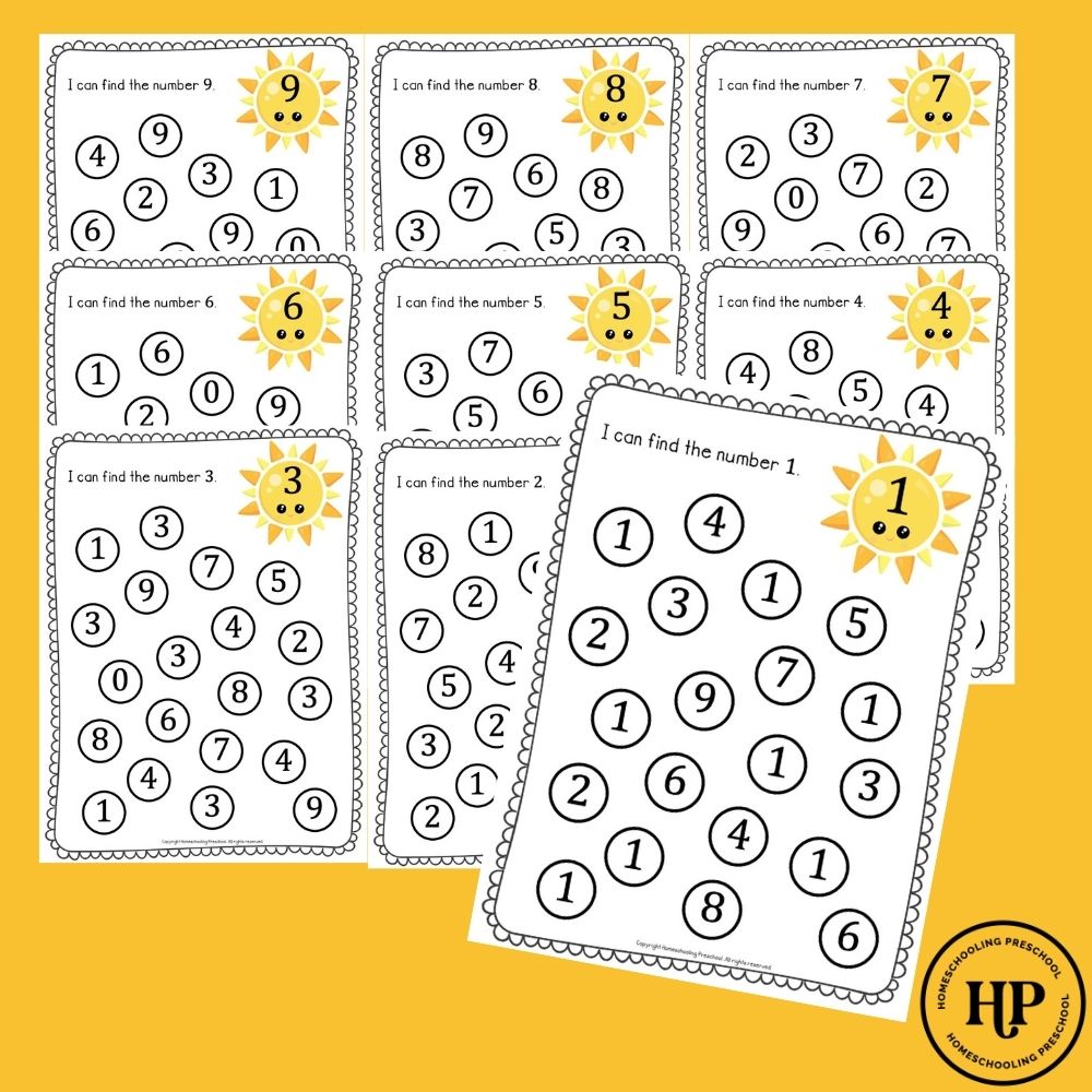 Find the Number (1-9) - Sun Dot Worksheets