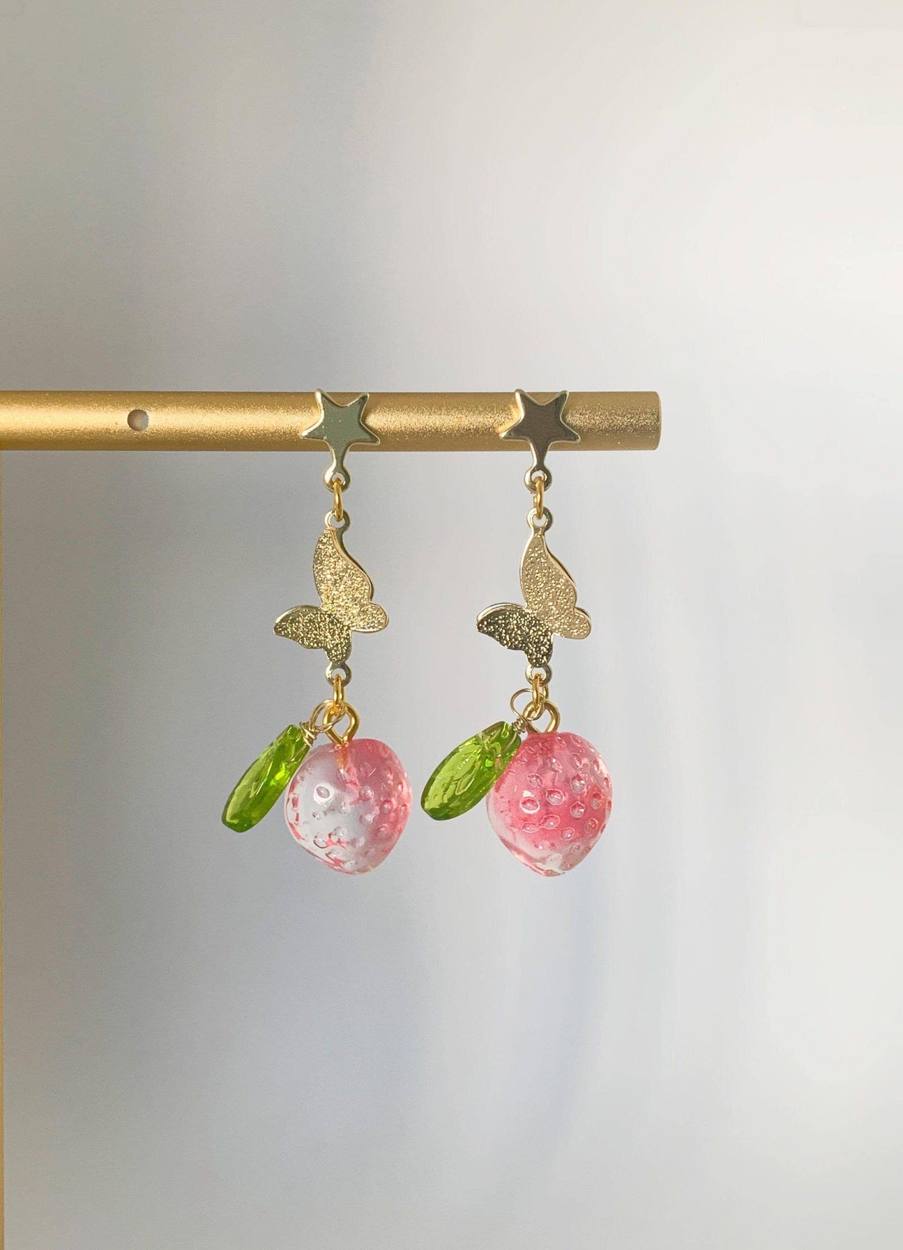 Glass Bead Strawberry Dangle Earrings